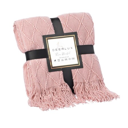 Deerlux Decorative Diamond Pattern Knit Throw Blanket with Fringe, Pink QI003966.PK
